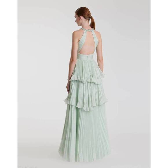 NEW MAC DUGGAL high neck chiffon tiered gown with cut out in green - Picture 2 of 2